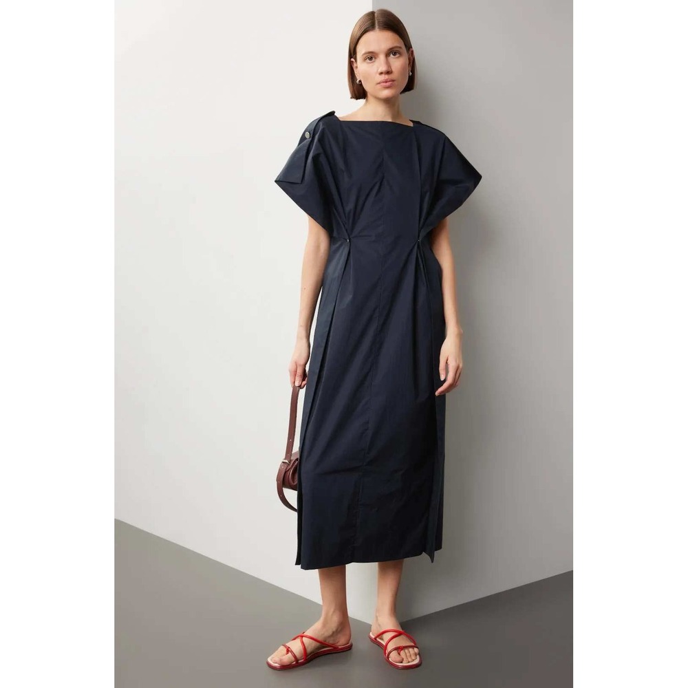 Plan C Back‎ Button Dress Navy Blue Midi Short Sleeve Minimalist Sz 38 / 4 US